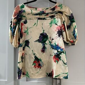 Parker Short Sleeved Silk Blouse Cream with Floral Pattern Balloon‎ Sleeves XS